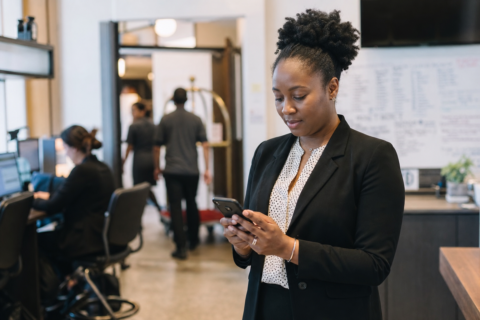 Operations manager coordinating workforce assignments on a mobile device