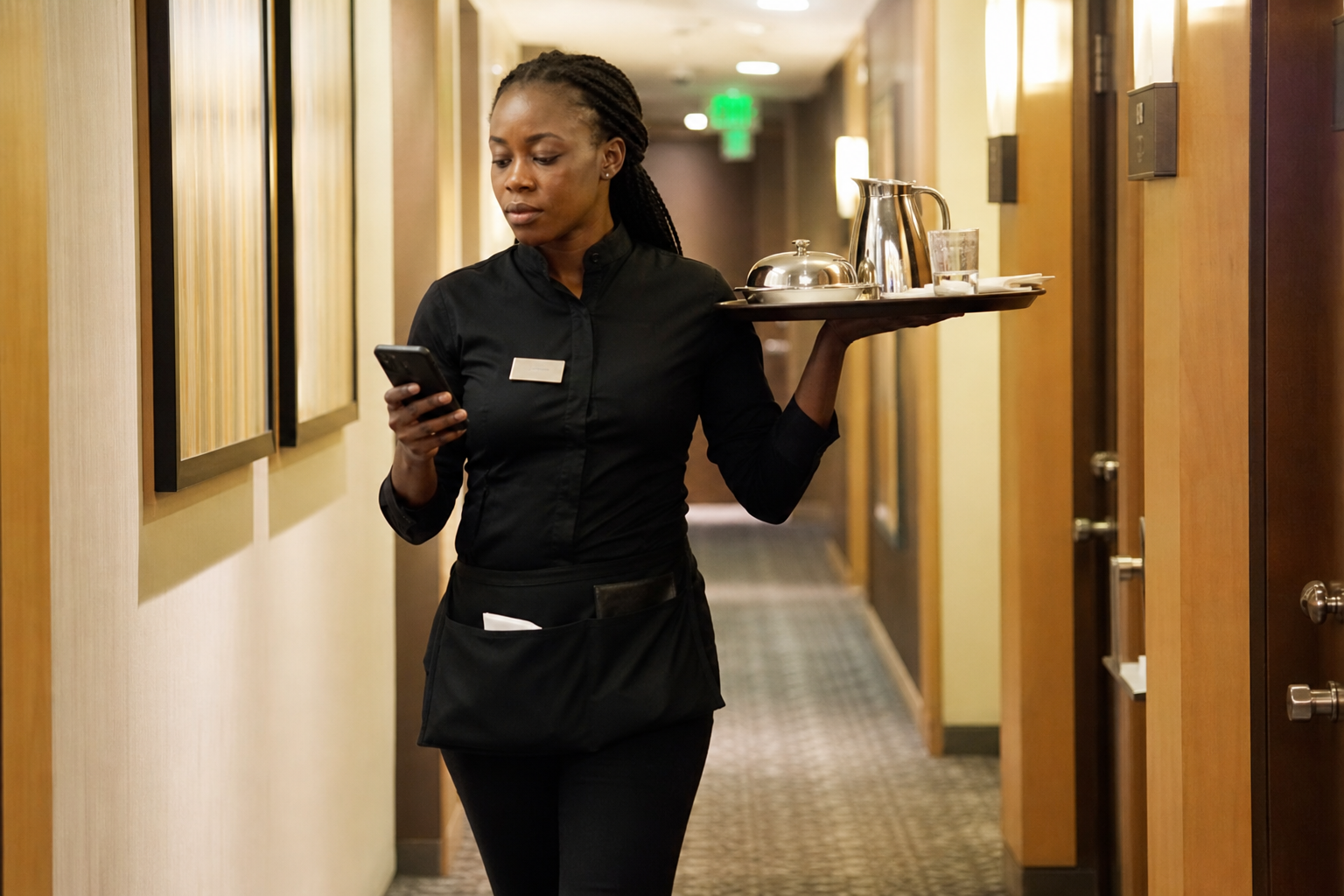 Hospitality staff member acting on a mobile task while moving through the property